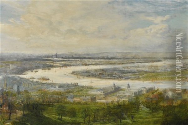 The Flowing River Winds Past Palace, Park, And The Homes Of Toiling Millions Oil Painting - William Lionel Wyllie