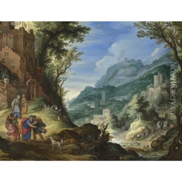 An Extensive Landscape With Tobit, Tobias And The Archangel Raphael Oil Painting - Paul Bril
