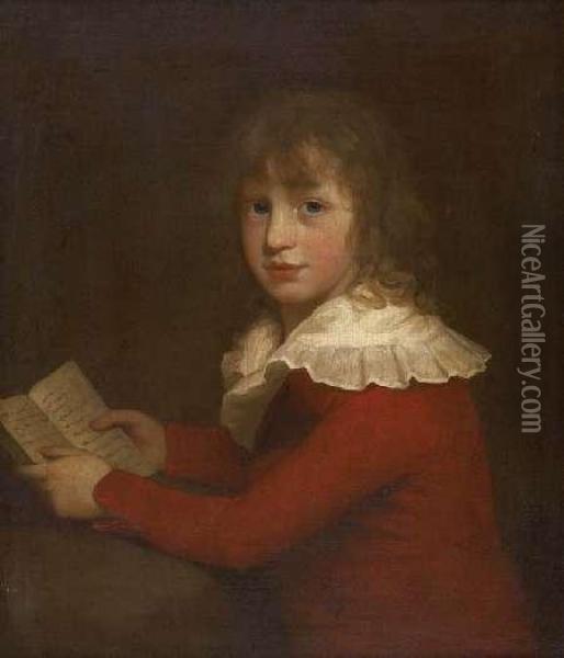 Portrait Of A Young Boy In A Red Jacket Reading Oil Painting - George Romney