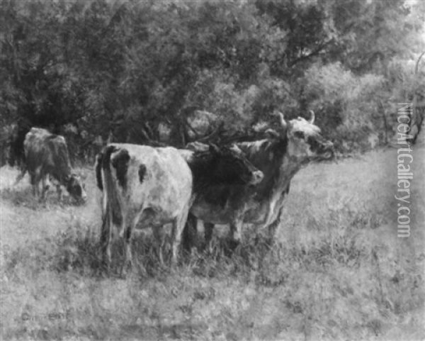 Cattle Grazing In Spring Pastures Oil Painting - Olive Parker Black