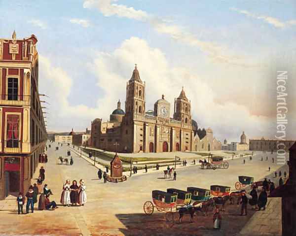 Vista de la Catedral y parte del Zocalo en Mexico Oil Painting - Pedro Gualdi