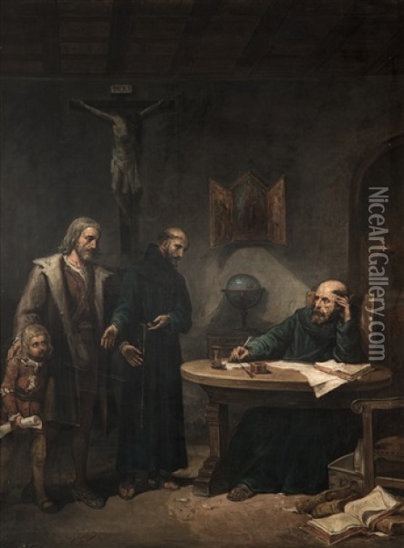 Cristobal Colon Encomendando A Su Hijo A Los Franciscanos Oil Painting - Jose Maria Rodriguez De Losada