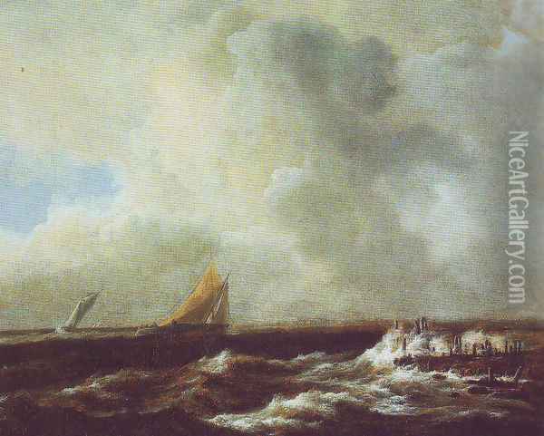 Sailing vessels in a fresh breeze Oil Painting - Jacob Van Ruisdael