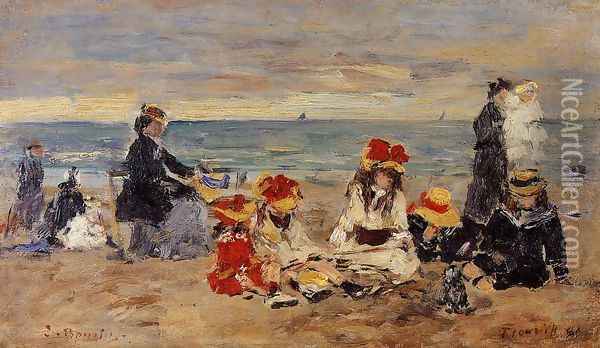 Woman and Children on the Beach at Trouville Oil Painting - Eugene Boudin