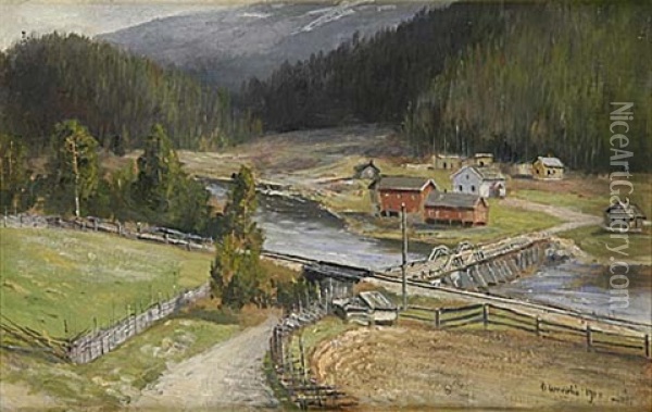 Norrlandsby Vid Alv Oil Painting - Olof Hermelin