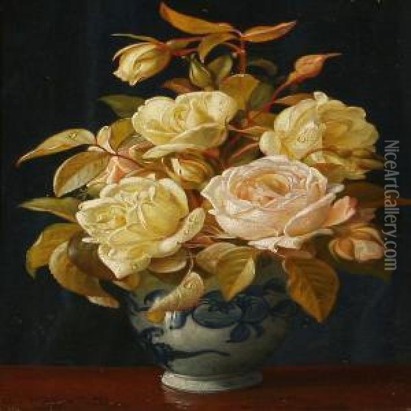 Still Life With Roses In Yellow Hues Oil Painting - Christian Mollback