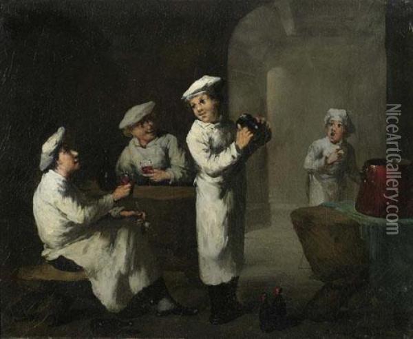 Cooks Drinking. Oil Painting - Germain Theodure Clement Ribot