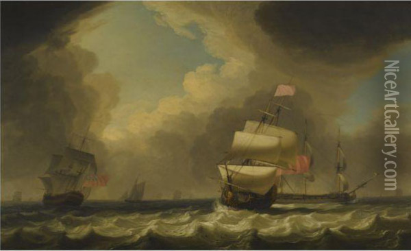 Shipping In A Stiff Breeze Oil Painting - Charles Brooking
