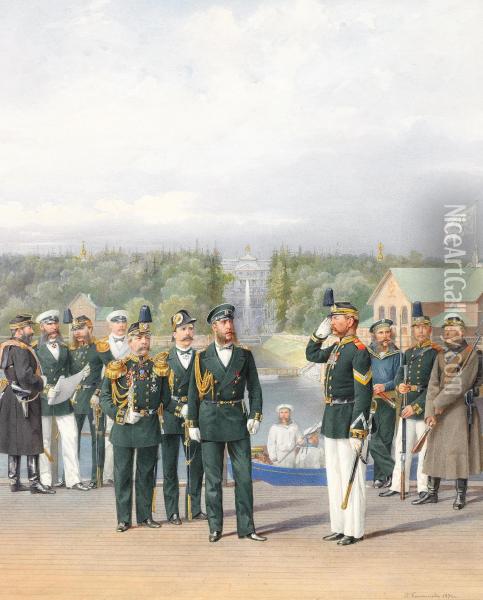 Officers And Men Standing By The Waterfalls Of The Neptune Fountain At Peterhof Oil Painting - Piotr Ivanovich Balashov