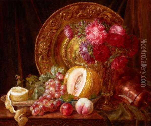 Chrysanthemums, Fruits And Plate Oil Painting - Emily Stannard