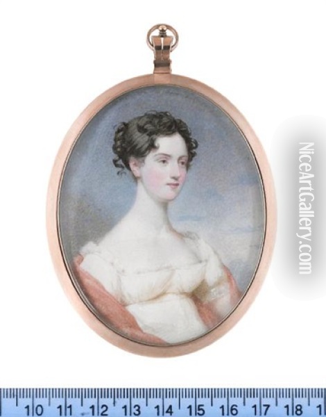 Miss Gordon Of Carroll, Wearing Ivory Dress With Lace Trim To Her Decollage, Pink Stole, Her Dark Hair Upswept And Curled Oil Painting - Andrew Robertson