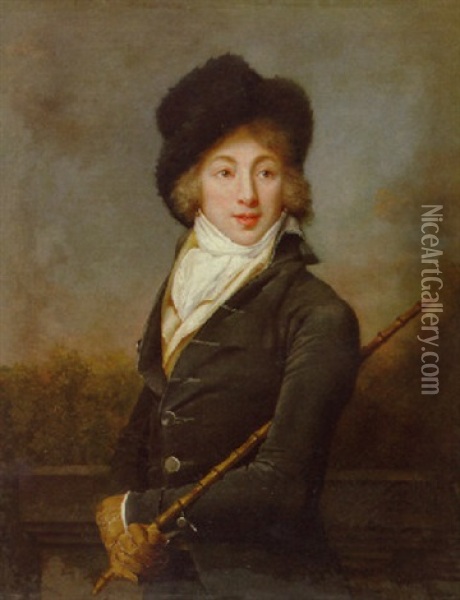 Portrait Of Auguste Vestris In A Dark Grey Velvet Jacket And Fur Hat, A Cane In His Right Hand, Standing Before A Landscape Oil Painting -  Romany (Adele Romanee)