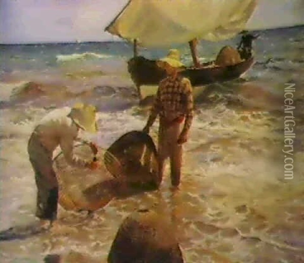 Pescadores Arreglando Las                                   Redas En La Playa De Valencia Oil Painting - Heliodoro Guillen