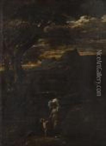 A Wooded Landscape With Mother And Child On A Path Oil Painting - Salvator Rosa