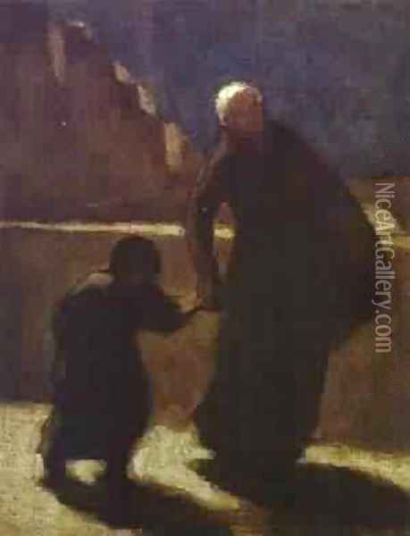 Woman And Child On A Bridge 1845-48 Oil Painting - Honore Daumier