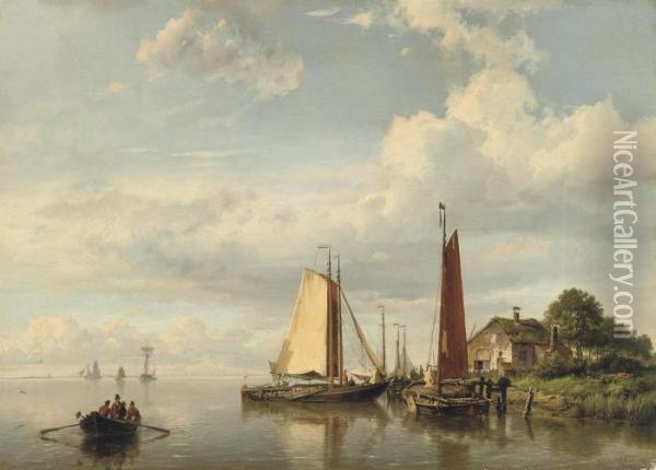 Sailing Vessels Moored Near A Farm Oil Painting - Hermanus Koekkoek