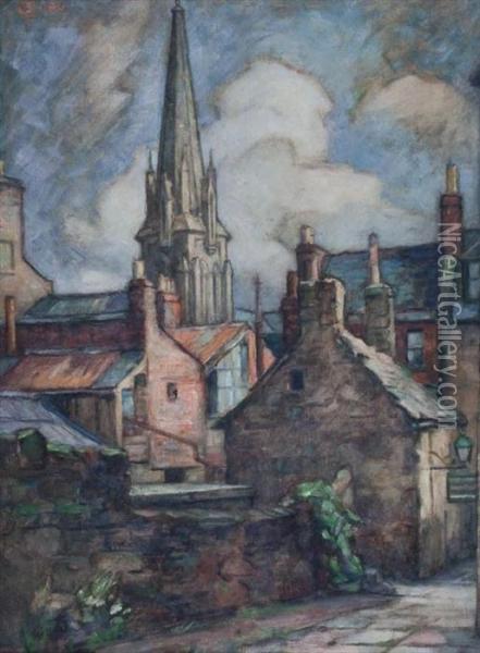 An Old Dundee Close Oil Painting - Stewart Carmichael