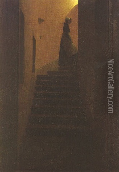 Caroline Auf Der Treppe Oil Painting - Caspar David Friedrich