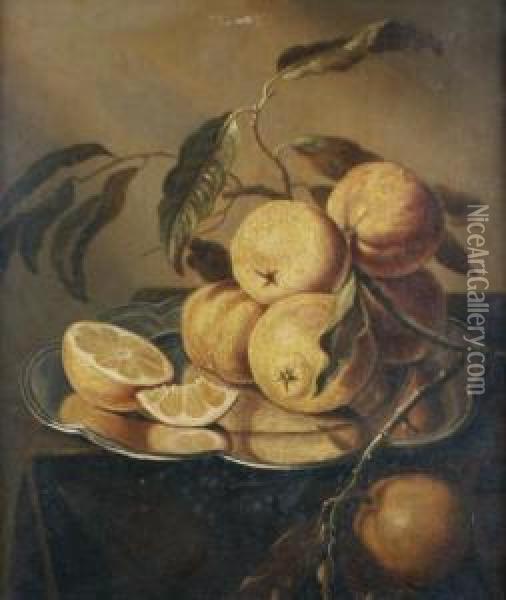 Citrons Sur Un Plateau D'argent Pose Surun Entablement Oil Painting - Floris Gerritsz. van Schooten