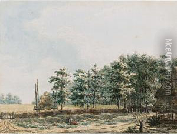 Landscape With Peasants Near A Farm, A Cornfield And Woods Behind Oil Painting - Frans Andreas Milatz