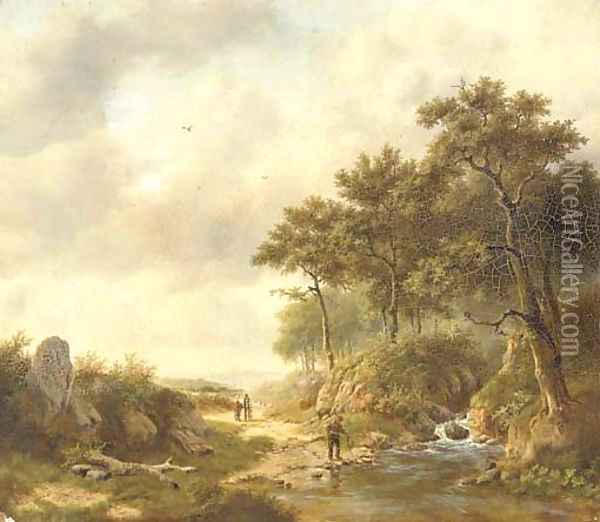 A summer landscape with figures by a stream Oil Painting - Georg Andries Roth