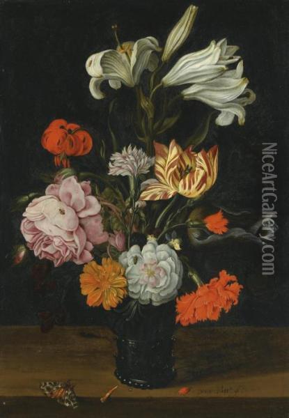 A Still Life With Flowers In A Glass Roemer, On A Ledge With Fallen Petals Oil Painting - Jan Baptist van Fornenburgh
