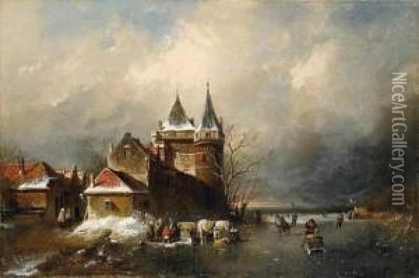 Winterly Scene With Ice Skaters Oil Painting - Charles Henri Leickert