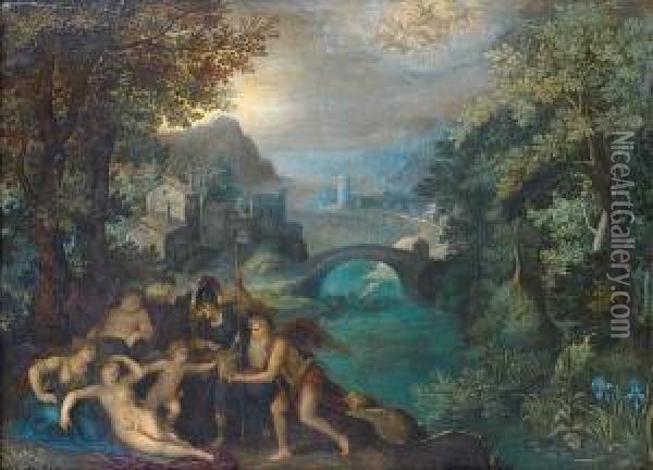 Chronus And Minerva Offering 
Gifts To Venus,with Bacchus And Ceres Before An Open Landscape Oil Painting - Gillis van Coninxloo