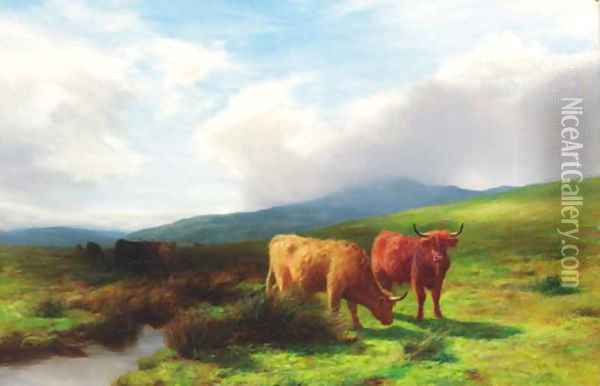 Highland cattle by a burn Oil Painting - Peter Graham