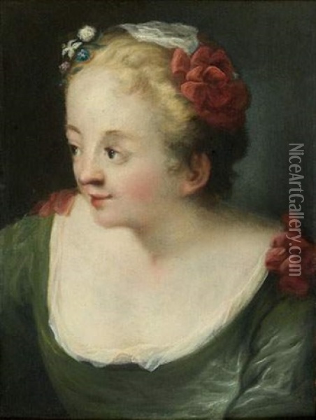 Jeune Femme A La Robe Et A La Coiffure Ornees De Noeuds Rouge Oil Painting - Pietro Antonio Rotari