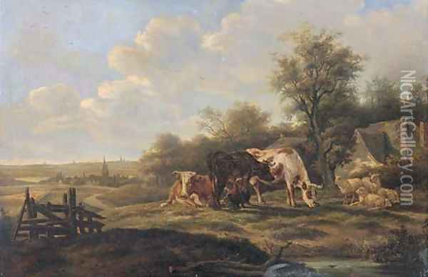 Milking cows in a landscape, with a town beyond Oil Painting - Dutch School