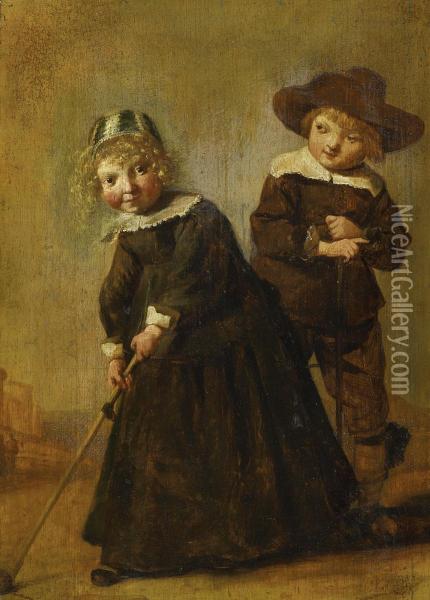Girl And Boy Playing Croquet Oil Painting - Judith Leyster