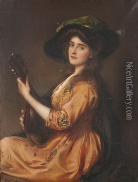 Portrait De Femme A La Mandoline Oil Painting - Albert Lynch
