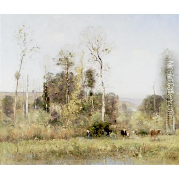 Cattle Grazing By A Pond Oil Painting - Louis Aime Japy