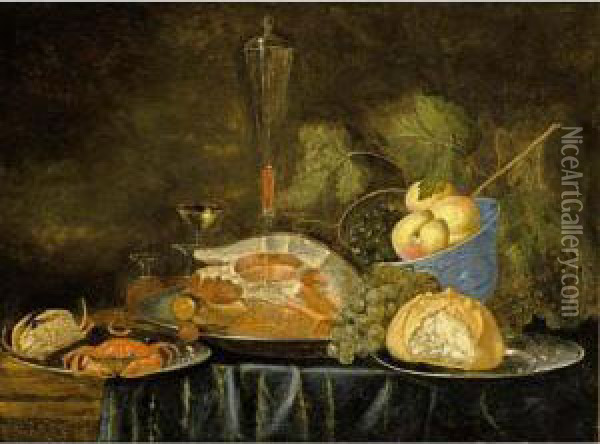 A Still Life With A Ham, A Bun, 
Crabs On Pewter Plates, Peaches In A Blue And White Bowl And Wine 
Glasses Together With Grapes, All On A Draped Table Oil Painting - Jasper van der Lanen