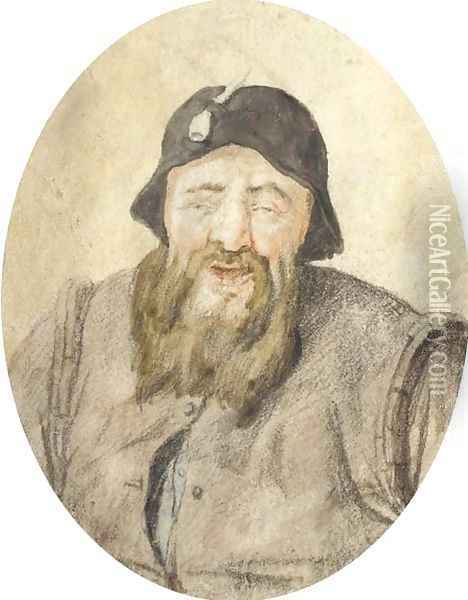 Portrait of a bearded man with a pipe in his hat, half-length Oil Painting - Cornelis Dusart