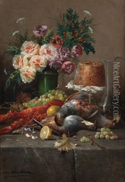 Nature Morte Avec Fleurs, Gibier, Homard Et Raisins Sur Entablement En Pierre Oil Painting - Max Carlier