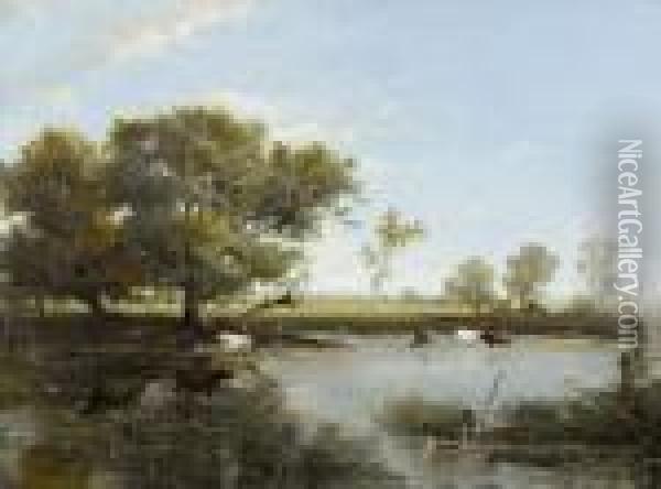 Landschaftspartie Mit Kuhen Bei Einem Teich Oil Painting - Willem Roelofs