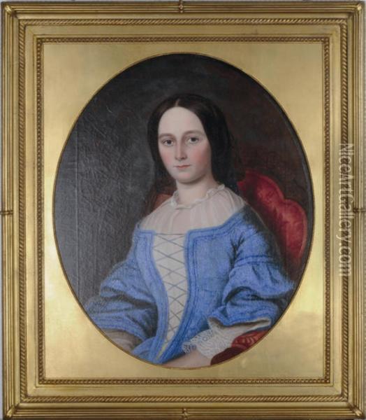 Portrait Of A Lady In A Blue Dress Oil Painting - Benjamin Hudson
