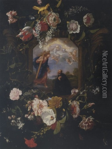 A Floral Garland Surrounding A Cartouche With The Vision Of Saint Ignatius Loyola Oil Painting - Johannes Anthonius van der Baren