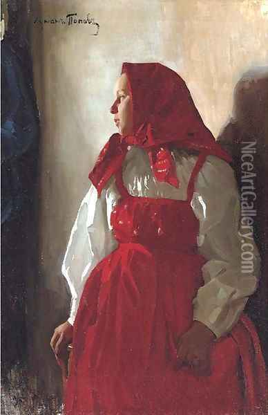 Young girl in a red sarafan Oil Painting - Lukjan Vasilievich Popov
