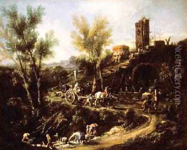 Landscape with Gypsies and Washerwoman 1705-10 Oil Painting - Alessandro Magnasco
