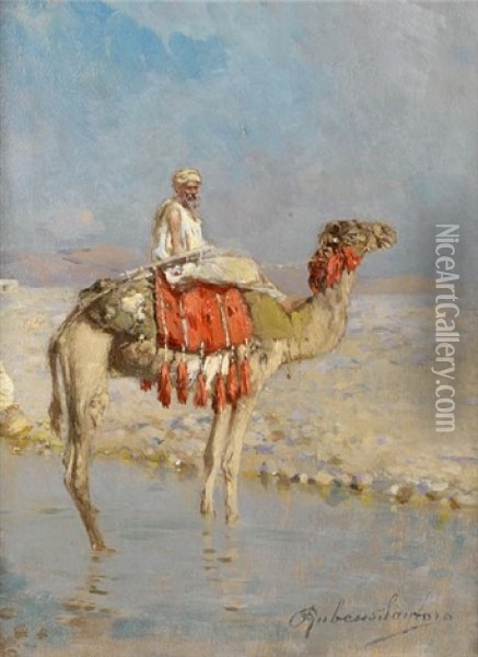 Crossing The River On A Camel Oil Painting - Rubens Santoro