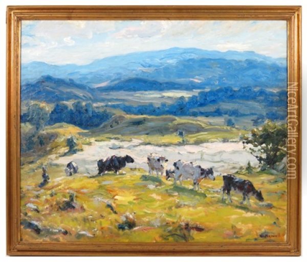 Cows In Hilly Pasture Oil Painting - George Glenn Newell