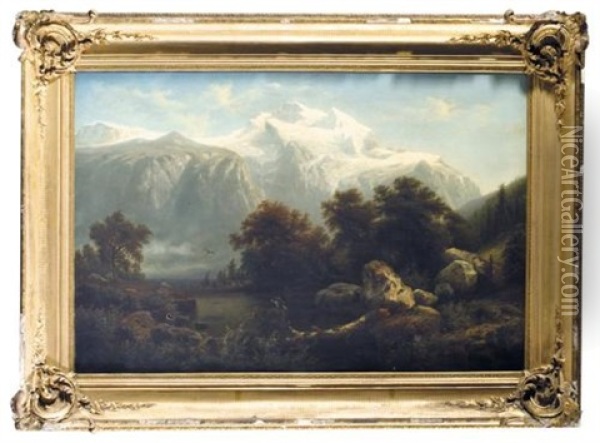 Birds Of Prey In A Mountain River Landscape (raubvogel An Einem Gebirgsfluss) Oil Painting - Arnold Schulten