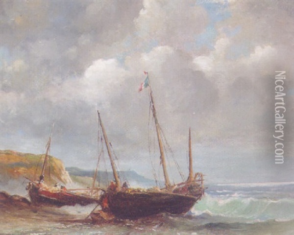 Fishing Boats Running Aground In A Rough Sea Oil Painting - Louis-Gabriel-Eugene Isabey
