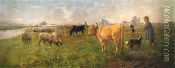 Die Herde Und Ihr Hirte Oil Painting - Oskar Frenzel