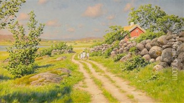 Sommarlandskap Med Vandrande Barn Oil Painting - Johan Fredrik Krouthen