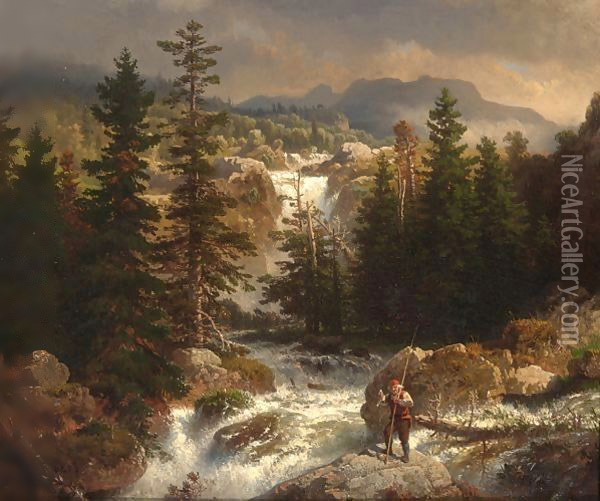 A Fisherman Inspecting His Catch Near A Mountain Torrent Oil Painting - Andreas Achenbach