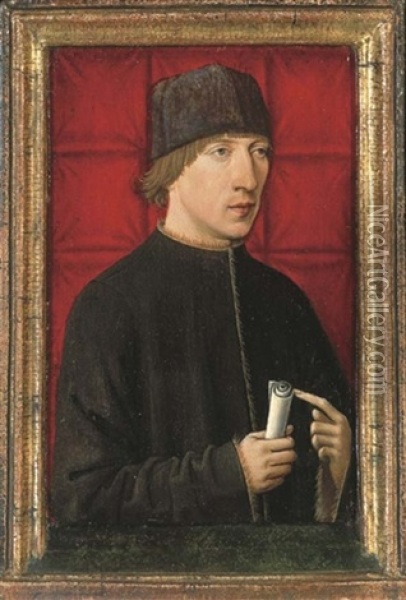 Portrait Of A Man, Half-length, In A Black Coat With Gold Trim And A Cap, Before A Red Cloth Oil Painting - Robert Campin